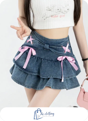 ✨ Chân Váy Jean Ngắn Layer Phối Nơ Hồng – Item “kẹo ngọt” cho nàng điệu đà ✨