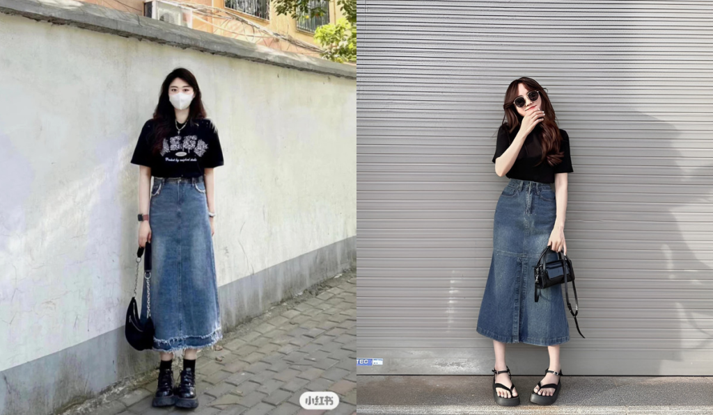 Phối đồ với chân váy jean dài